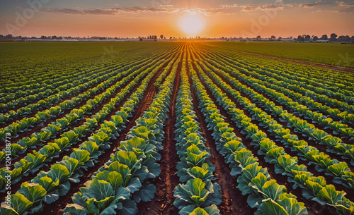 Field of green lettuce plants with the sun setting in the background. The sun is setting behind the field, creating a warm and peaceful atmosphere