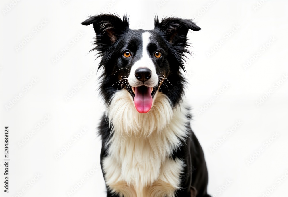 Black, white Border Collie panting, looking directly at camera. Happy dog with tongue out. Studio shot against white background. Close-up of head, shoulders. Adorable pet portrait. Perfect for animal Black, white Border Collie panting, looking directly at camera. Happy dog with tongue out. Studio shot against white background. Close-up of head, shoulders. Adorable pet portrait. Perfect for animal
