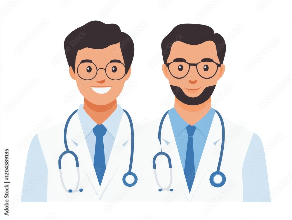 Illustrated duo of cheerful male doctors in white coats with stethoscopes, emphasizing teamwork, healthcare collaboration, and trust in medical professionals for educational and branding visuals Illustrated duo of cheerful male doctors in white coats with stethoscopes, emphasizing teamwork, healthcare collaboration, and trust in medical professionals for educational and branding visuals