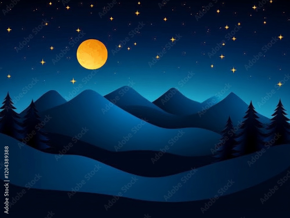 Obraz premium Majestic mountain range under a starlit night sky with a glowing crescent moon, symbolizing nature’s grandeur, cosmic serenity, and nighttime landscapes for tranquil visual storytelling