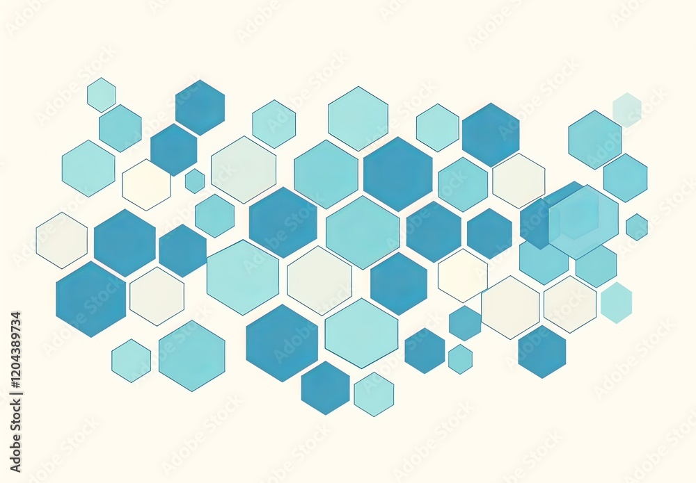 An intricate pattern of blue hexagons on a white background, arranged with space between each honeycomb cell An intricate pattern of blue hexagons on a white background, arranged with space between each honeycomb cell