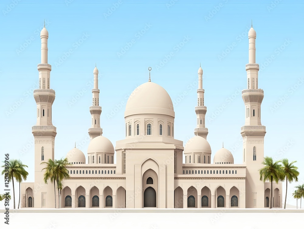 Obraz premium White grand mosque with symmetrical minarets and domes against a vivid blue sky, representing architectural perfection and spiritual magnificence in a breathtaking high quality vector