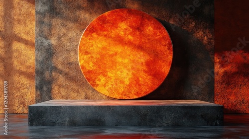 Abstract circular sculpture in warm tones on a minimalist pedestal, with textured walls and dramatic lighting