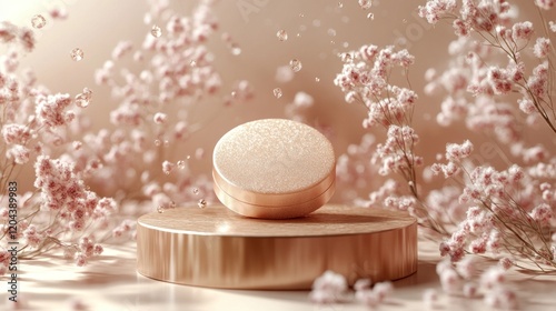 Elegant skincare product displayed on a wooden pedestal surrounded by delicate pink flowers and bubbles