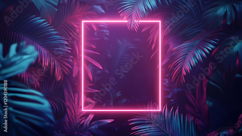 Fototapeta Naklejka Na Ścianę i Meble -  Tropical glowing neon frame. dark night jungle palm leaves. summer background design. Neon Jungle. Illustration