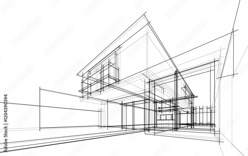 Architectural sketch of modern building vector 3d illustration Architectural sketch of modern building vector 3d illustration