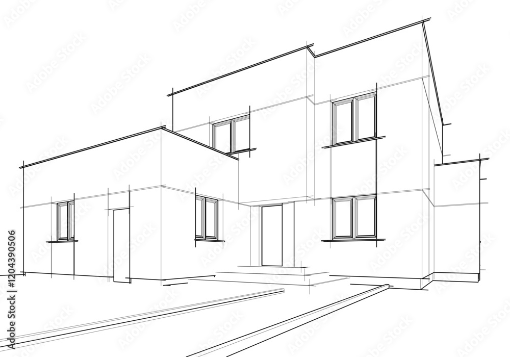 Architectural sketch of modern building vector 3d illustration Architectural sketch of modern building vector 3d illustration