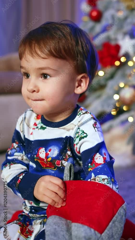 Beautiful Caucasian toddler boy reaching his hand inside the Christmas stocking. Happy smiling child pulls some candies. Vertical video Beautiful Caucasian toddler boy reaching his hand inside the Christmas stocking. Happy smiling child pulls some candies. Vertical video