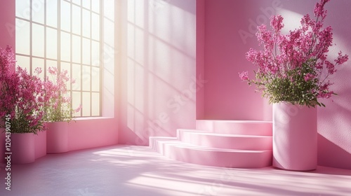 Serene pink interior with blooming flowers and soft sunlight illuminating a stylish staircase