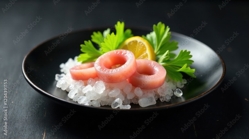 Delicate Slices of Pink Seafood, Chilled on Ice with Lemon and Parsley Garnish, Served on a Dark Plate Delicate Slices of Pink Seafood, Chilled on Ice with Lemon and Parsley Garnish, Served on a Dark Plate