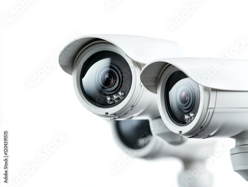 Pair of futuristic surveillance cameras with sleek metallic finishes and angular designs, highlighting advanced optics, modern aesthetics, and high tech security systems photo