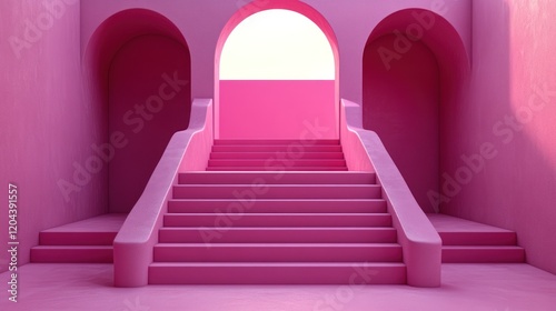 Modern minimalist interior featuring pink staircases and arches, creating a vibrant artistic atmosphere
