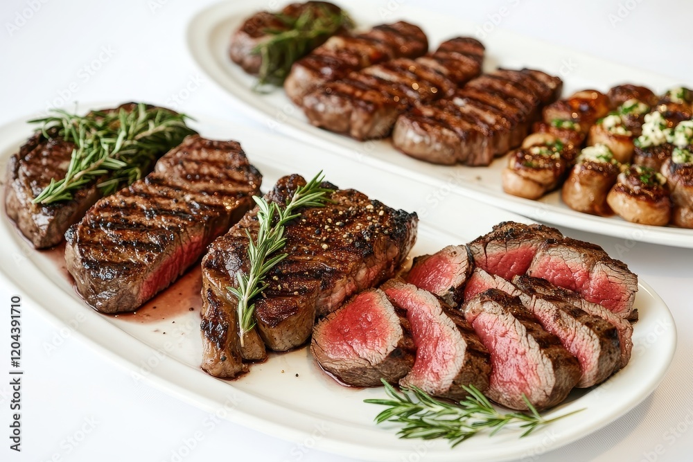 A selection of perfectly grilled steaks served on white plates A selection of perfectly grilled steaks served on white plates