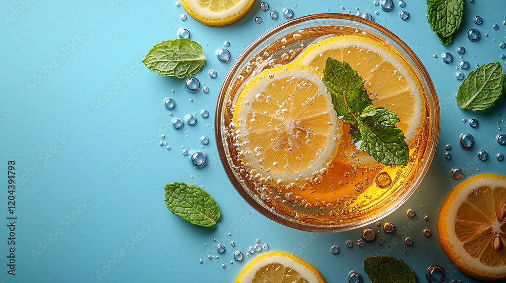 Refreshing Sparkling Water With Lemon and Mint Garnished on a Vibrant Blue Background Refreshing Sparkling Water With Lemon and Mint Garnished on a Vibrant Blue Background