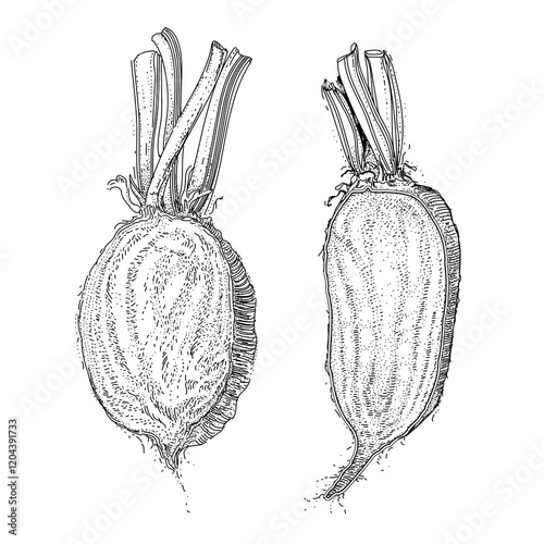 Badger flame beetroot, cross section vegetables. Hand-drawn sketch, vector illustration on a white isolated background.