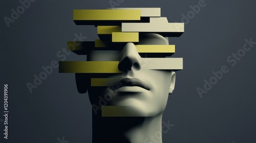 Abstract digital art depicting a distorted human face with geometric yellow bars, symbolizing identity and perception challenges, in a dark color palette