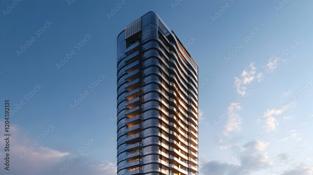 Modern high-rise building with sleek glass design against a blue sky Modern high-rise building with sleek glass design against a blue sky