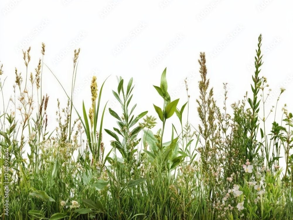 Obraz premium Dense cluster of wild grasses with seed heads swaying in natural light, symbolizing biodiversity, ecological harmony, and botanical detail for nature and environmental visuals
