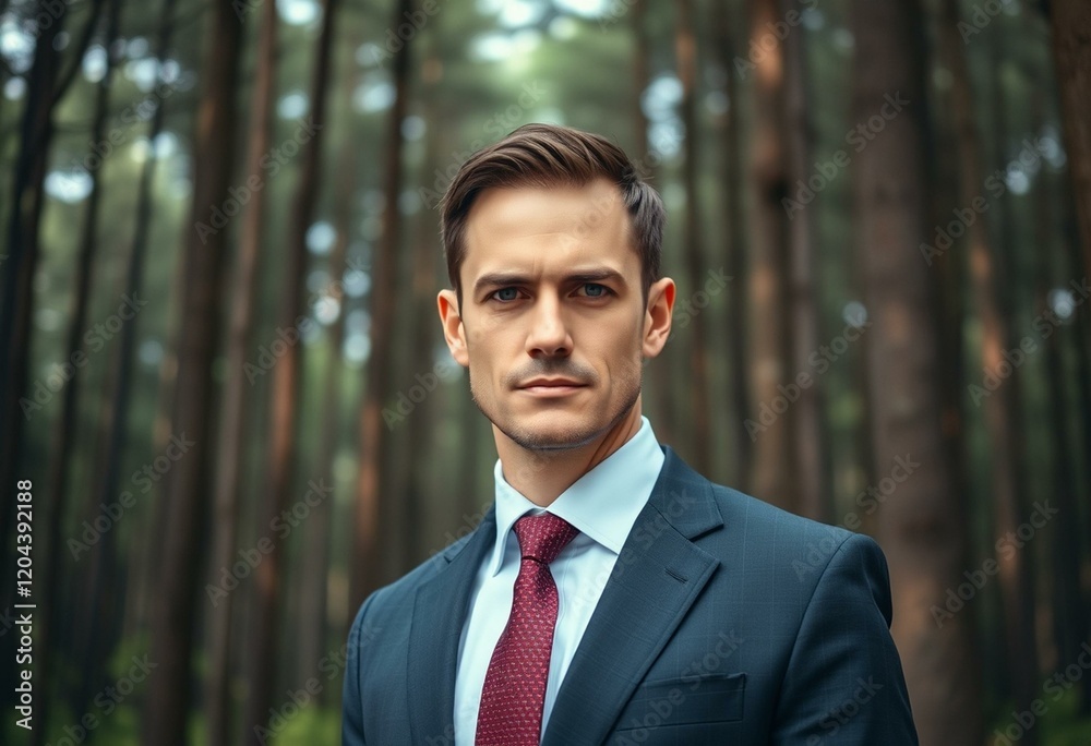 Portrait of a male executive in a business suit standing in a forest Portrait of a male executive in a business suit standing in a forest
