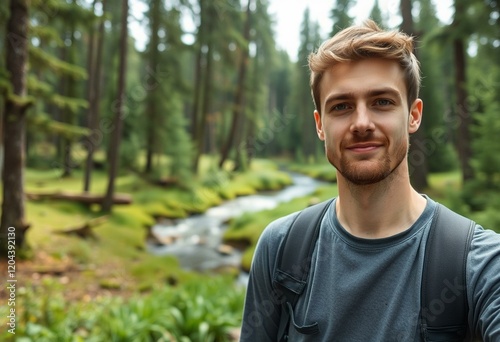 Male hiker in a forest clearing