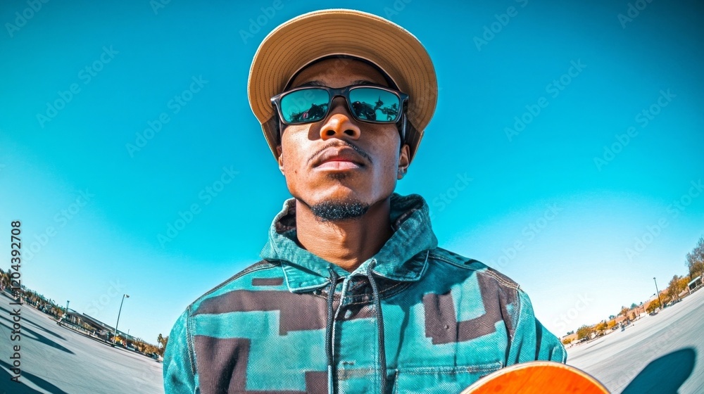 Fototapeta premium A stylish African American man in eyewear holds a skateboard on a bright day, symbolizing urban lifestyle and leisure, captured with a vibrant palette