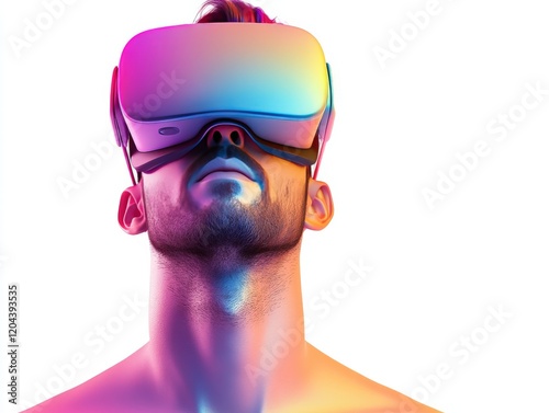 Bold futuristic portrait of a young man with a rainbow colored VR headset, showcasing dynamic innovation, digital creativity, and the vibrant evolution of virtual reality for tech centric imagery photo