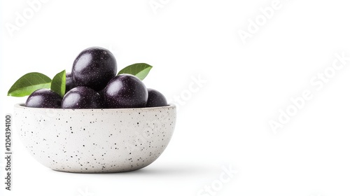 Fresh Jabuticabas in a Bowl - A bowl of fresh, dark purple jabuticabas with green leaves, isolated on a white background.  Healthy and vibrant. photo