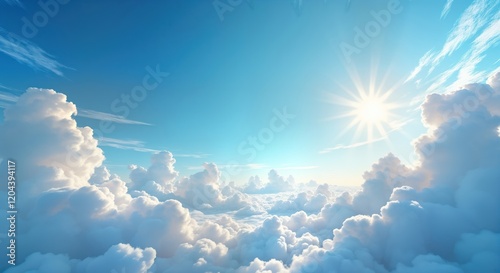 Serene sky view shows fluffy clouds, sunbeams. Gentle light filters through clouds. Beautiful day. Sky vibrant blue. Clouds white. Perfect for nature, travel themes. Suitable for websites, photo