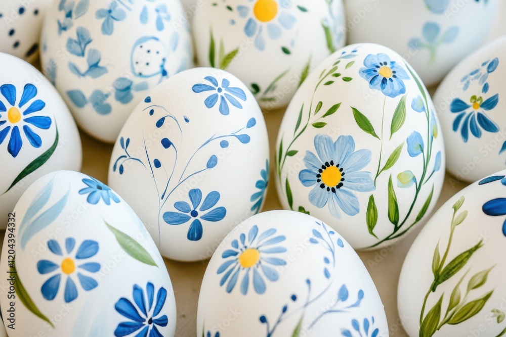 Fototapeta premium Beautifully painted Easter eggs with intricate floral designs on a natural background showcasing watercolor artistry and craftsmanship