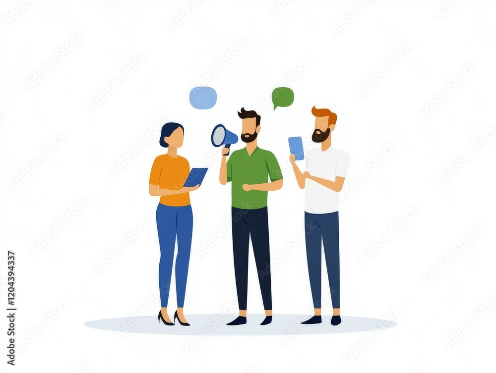 Fototapeta premium Brainstorming session among three diverse professionals, sharing ideas with speech bubbles in minimalistic office setting, emphasizing creativity, communication, collaboration and innovative teamwork