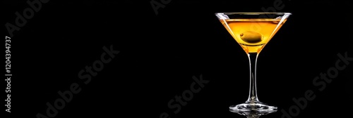 Macro Dry Martini with Olive Garnish - Elegant dry martini cocktail, golden hue, single olive garnish, black background, sophisticated drink. Symbolizing: sophistication, celebration, relaxation, luxu photo