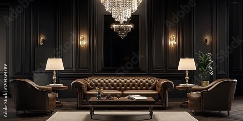 Dark luxurious interior, leather chesterfield sofa, wood paneled walls, ornate chandelier, sconce lighting, framed artwork, moody atmosphere, rich colors, vintage style, elegant decor, high-end furnit photo