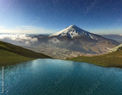 A clear lake extends into the foreground, thanks to its realistic rendering and ability to convey a sense of calm, it lends itself to volatilizing projects that promote the beauty of the natural world photo