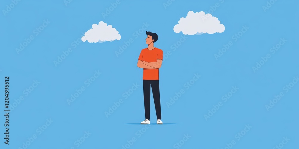 Minimalist concept of a man in an orange shirt gazing at distant clouds in a vast blue sky, symbolizing freedom, contemplation, and open mindedness Minimalist concept of a man in an orange shirt gazing at distant clouds in a vast blue sky, symbolizing freedom, contemplation, and open mindedness