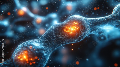 Close-up view of glowing cellular structures in a vibrant blue and orange abstract background