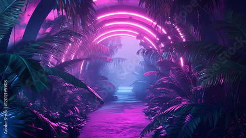 Fototapeta Naklejka Na Ścianę i Meble -  Futuristic tunnel in the jungle with neon lights. tropical plants cover the roof of the tunnel. fantastic biopunk wallpaper. generative ai illustration. Neon Jungle. Illustration