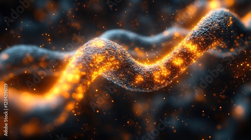 Abstract glowing wave with particles in a dark background, creating a dynamic and vibrant atmosphere