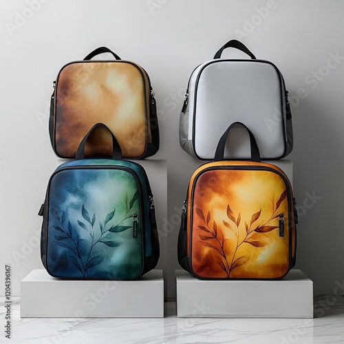 Collection set watercolor, travel-friendly backpacks and laptop cases with stylish and durable designs for remote workers photo