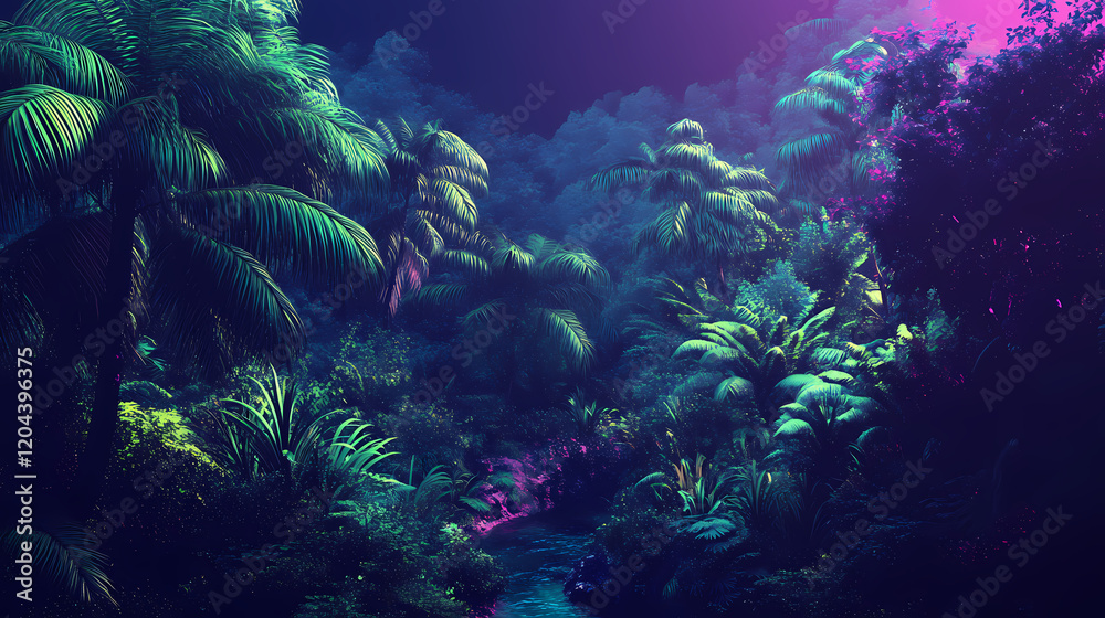 Fototapeta premium Jungle landscape glowing neon at night, made with generative ai. Neon Jungle. Illustration