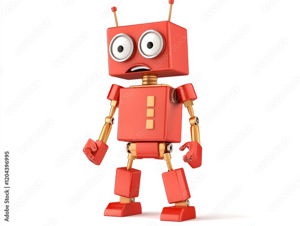 Bright red boxy robot with exaggerated eyes and retro features, embodying a playful yet mechanical personality, set against a minimalist white background Bright red boxy robot with exaggerated eyes and retro features, embodying a playful yet mechanical personality, set against a minimalist white background