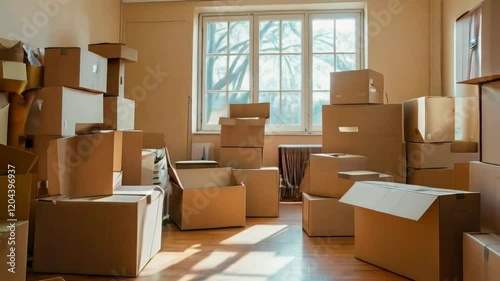 A room filled with stacked cardboard boxes is shown, ready for a move