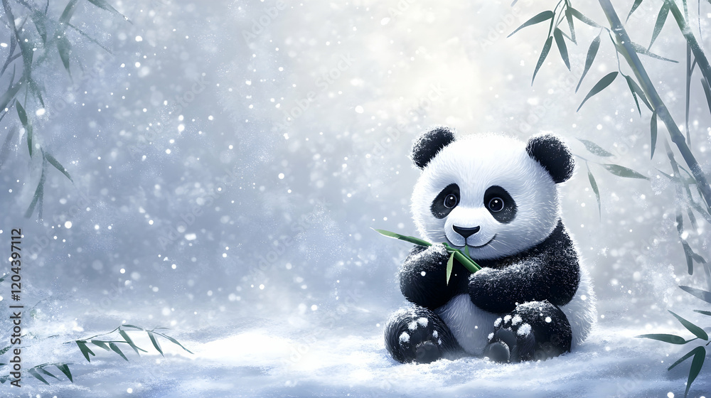 Panda peacefully enjoying bamboo in a snowy winter forest Panda peacefully enjoying bamboo in a snowy winter forest