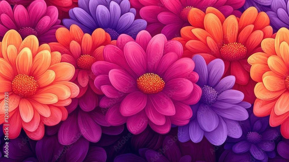 Obraz premium Vibrant floral background featuring a mix of orange, pink, and purple flowers in full bloom