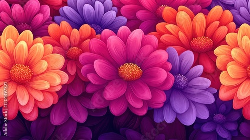 Vibrant floral background featuring a mix of orange, pink, and purple flowers in full bloom