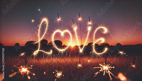 LOVE text spelled out in sparklers against a dusk sky, casting a warm glow over the grassy field. Generative AI. photo