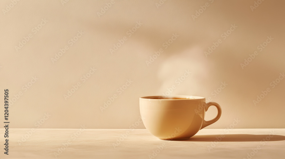 Half-filled coffee cup with steam on a smooth surface, set against a beige background, evoking warmth, comfort, and tranquility, with a subtle coffee stain adding a quiet reminder of fleeting moments Half-filled coffee cup with steam on a smooth surface, set against a beige background, evoking warmth, comfort, and tranquility, with a subtle coffee stain adding a quiet reminder of fleeting moments