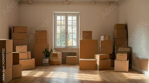 A room filled with stacked cardboard boxes is shown, ready for a move