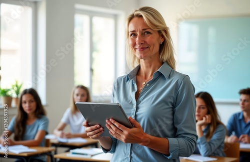 Mature female teacher stands in classroom holding digital tablet. Students sit at desks attentively. Modern tech tools in education. Happy expression on teacher face suggests positive learning