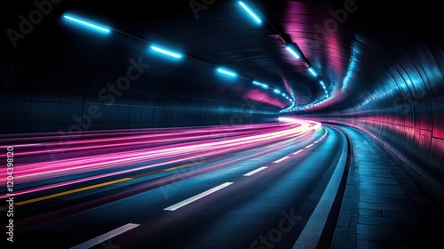 Vibrant light trails in a dark tunnel showcasing motion and speed, with glowing neon reflections