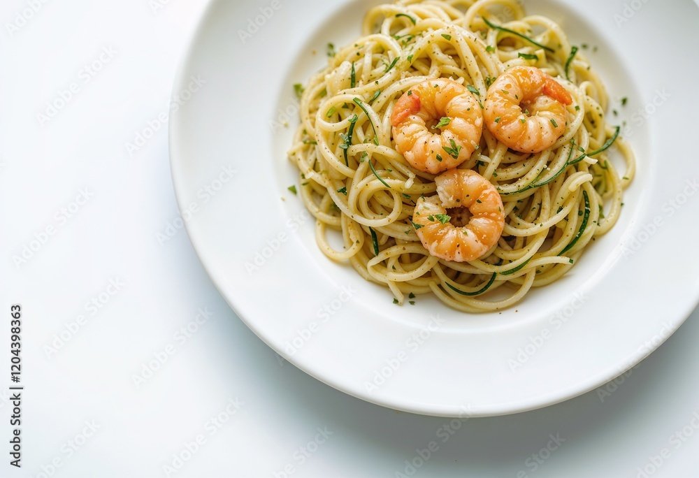 Delicious shrimp pasta garnished with herbs on a pristine white plate, showcasing a vibrant and appetizing presentation. Delicious shrimp pasta garnished with herbs on a pristine white plate, showcasing a vibrant and appetizing presentation.